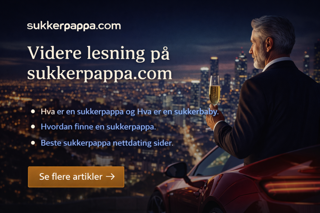 norske onlyfans jenter – videre lesning på sukkerpappa.com, luksuriøst banner med dresskledd mann, champagneglass, skyline og rød sportsbil