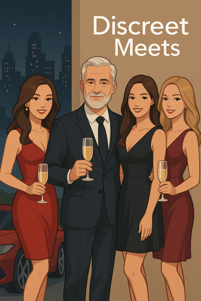 Illustrasjon for sukkerpappa.com av en moden sukkerpappa i mørk dress sammen med tre kvinner i cocktailkjoler med champagneglass, nattlig by-skyline og rød bil i bakgrunnen, med teksten «Discreet Meets» øverst.