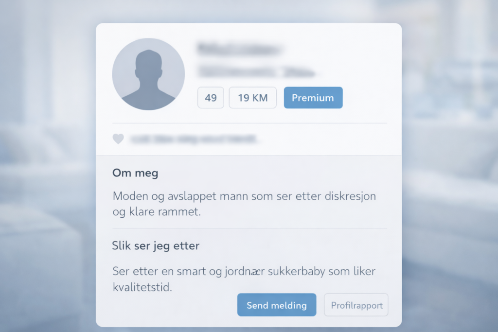 Skjermbilde-lignende illustrasjon av “profilkort” (anonymt, uten ekte navn/bilder) ALT: beste nettdatingsider for sukkerpappa – eksempel på sukkerpappa-profil | sukkerpappa.com