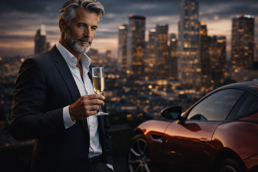 Signaturbilde i brand-stil (gråhåret mann i dress, skyline, champagneglass, rød sportsbil) ALT: beste nettdatingsider for sukkerpappa – sukkerpappa.com signaturbilde