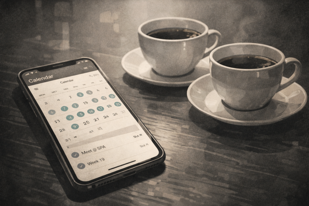 Kalender/planlegging på mobil, to kaffekopper på bord.
langsiktig samarbeid med en sukkerpappa – faste avtaler og planlegging på sukkerpappa.com