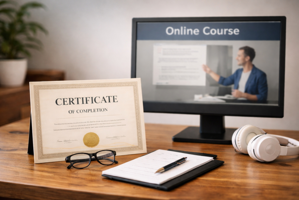 sukkerbaby og studier/karriere – online kurs på skjerm med kursbevis/sertifikat på bordet og notatblokk, sukkerpappa.com