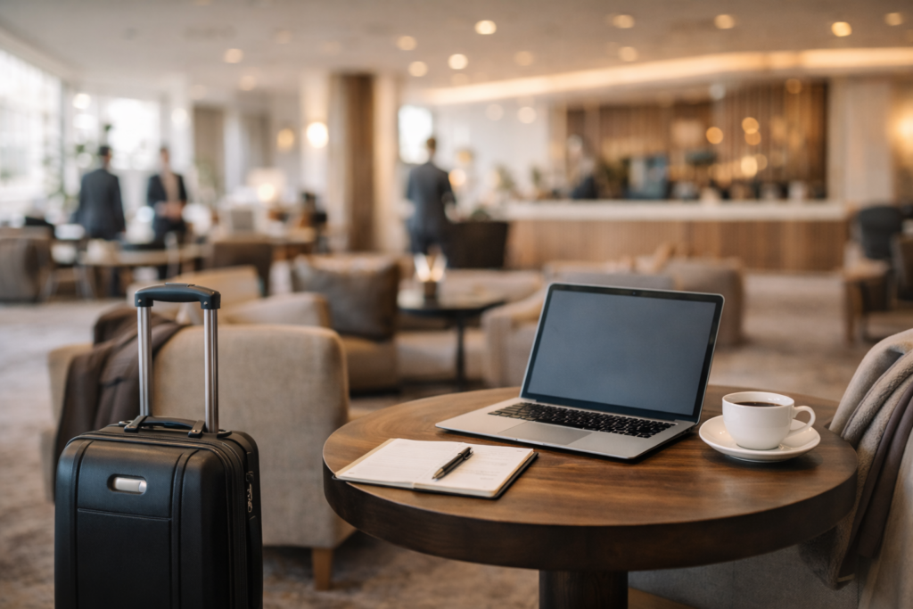 sukkerbaby og studier/karriere – diskret hotell-lobby med koffert, laptop og kaffekopp ved bordet, nettverksstemning i bakgrunnen, sukkerpappa.com