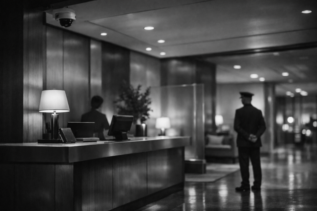 rolig hotellresepsjon med dempet lys, tydelig sikkerhet og profesjonell service.
“Slik velger du hotell når du skal møte sugarbaby på reise – trygghet og diskresjon, sukkerpappa.com”